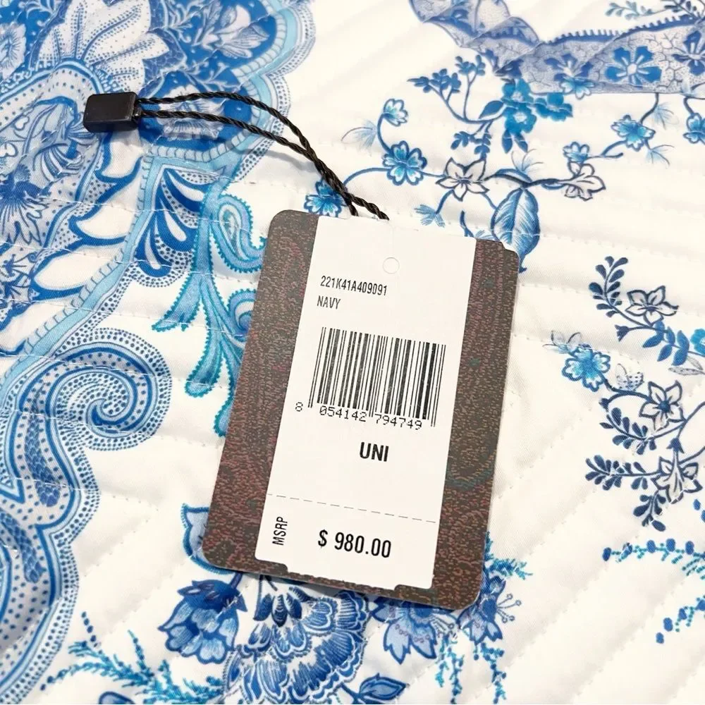 ETRO Home Loures Queen Quilted Bedspread, Paisley White & Blue, NWT